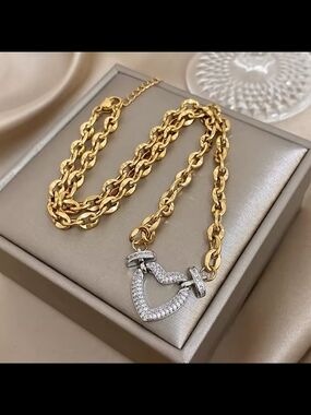 Two-Tone Gold Chain Necklace with Pave Heart Toggle